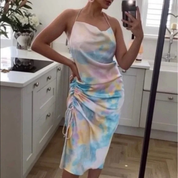 Zara watercolor tie dye satin slip dress halter multicolor - Picture 3 of 11
